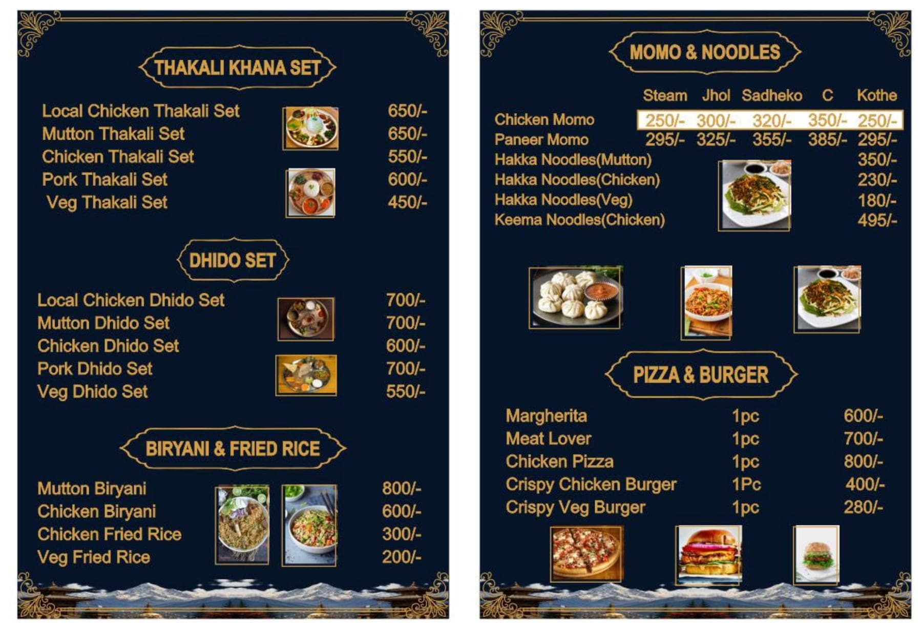 Printed menu: Thakali sets, dhido and rice, and Momo, noodles, pizza and burgers
