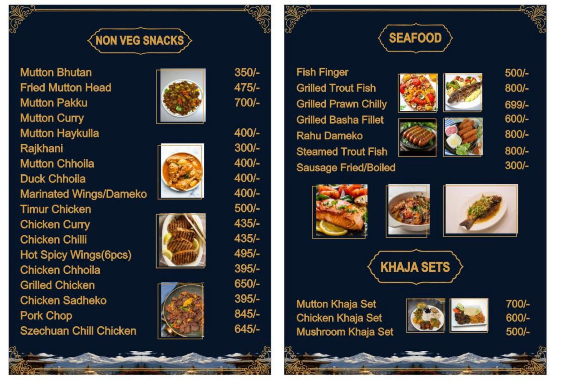 Printed menu: Non-veg snacks, and Seafood and khaja sets